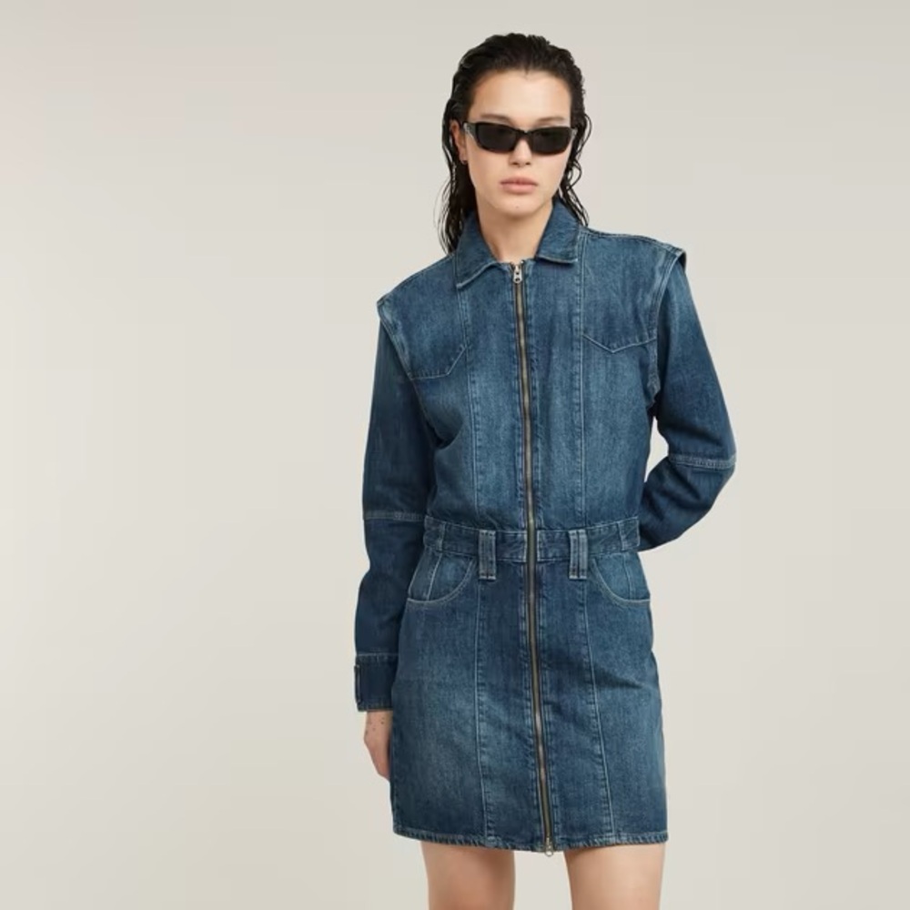 G-Star Raw Denim Biker Mini Dress NWT S Moto Utility Convertible Sleeves Blue